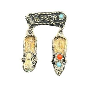 Deco antique silver tone blue cabochon dangle shoes brooch pin ornate vintage